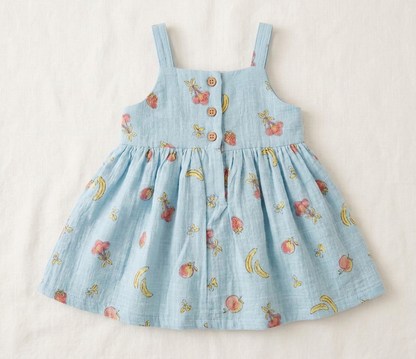 Girls’ Sky-Blue Orchard Muslin Sun Dress – Organic Cotton Fruit Print Pinafore with Matching Sun Hat - Serromi