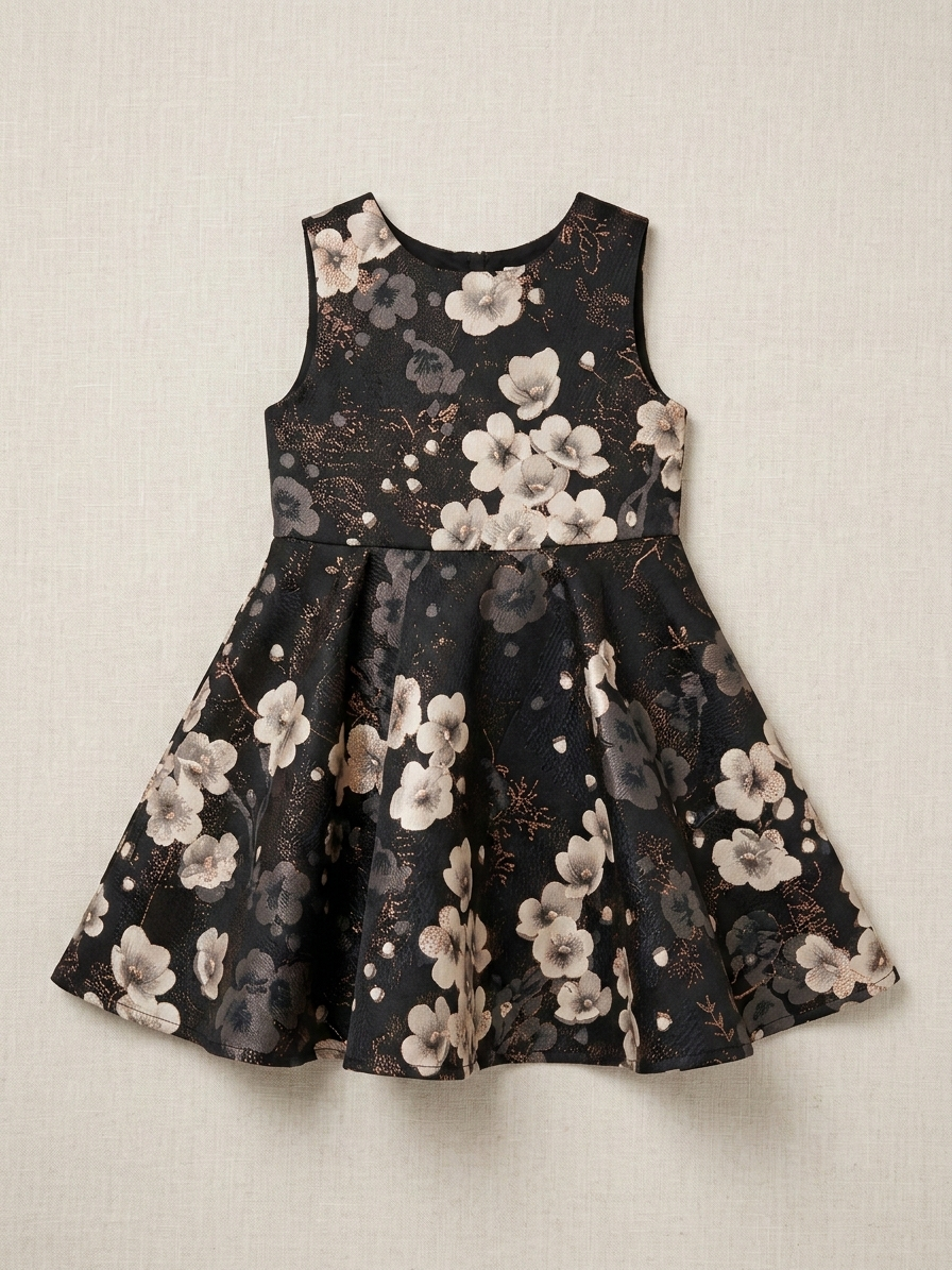 Serromi Midnight Floral Jacquard Party Dress – Premium Sleeveless Occasion Gown with Statement Back Bow for Girls - Serromi