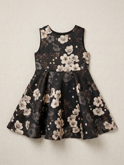 Serromi Midnight Floral Jacquard Party Dress – Premium Sleeveless Occasion Gown with Statement Back Bow for Girls - Serromi