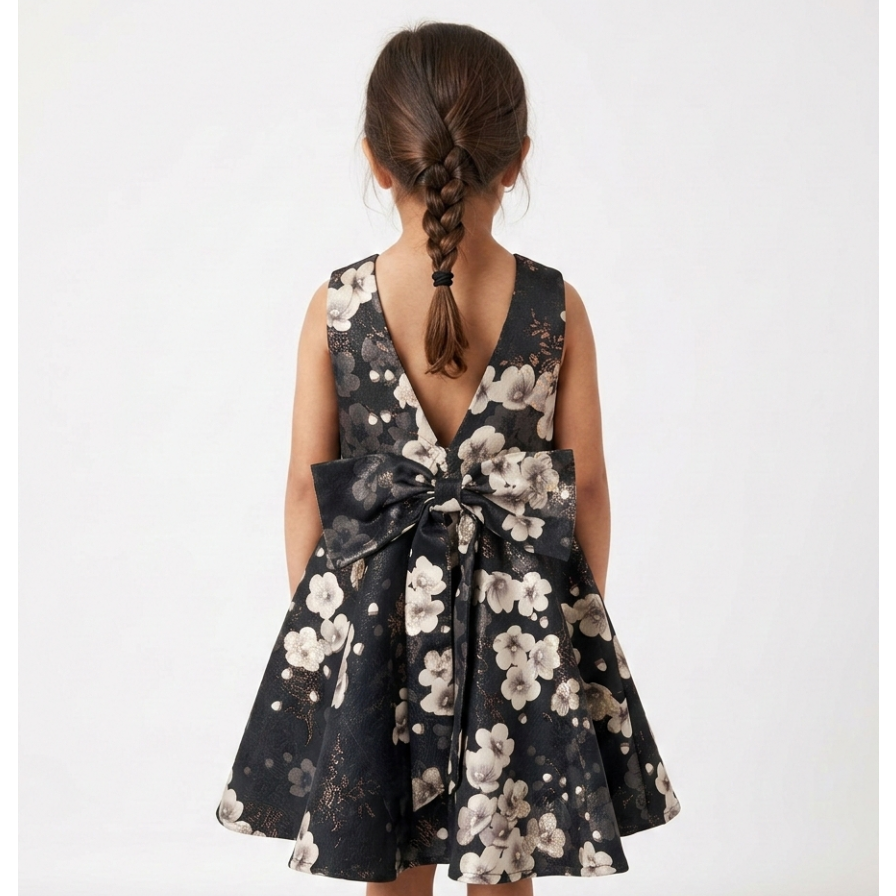 Serromi Midnight Floral Jacquard Party Dress – Premium Sleeveless Occasion Gown with Statement Back Bow for Girls