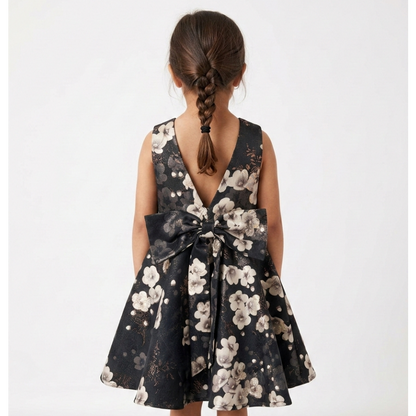 Serromi Midnight Floral Jacquard Party Dress – Premium Sleeveless Occasion Gown with Statement Back Bow for Girls