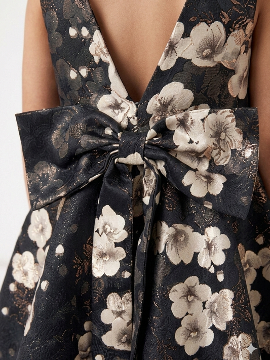 Serromi Midnight Floral Jacquard Party Dress – Premium Sleeveless Occasion Gown with Statement Back Bow for Girls - Serromi