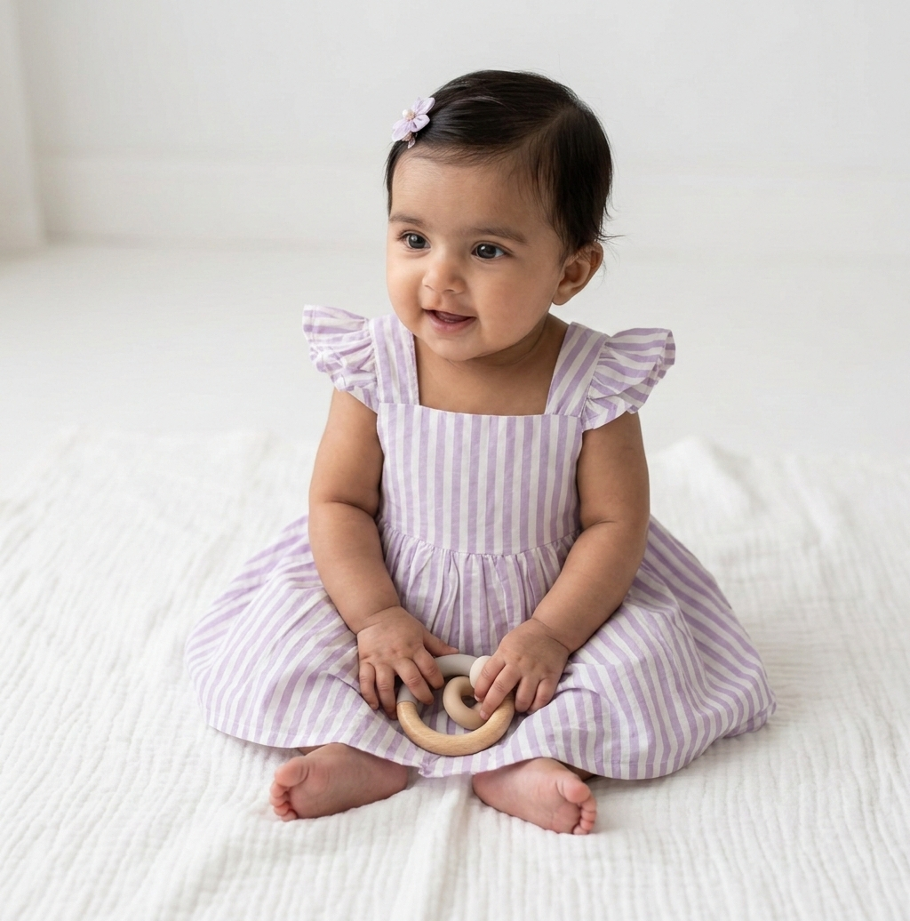 Girls’ Premium Lilac Ticking-Stripe Linen Dress – Ruffled Flutter-Sleeve Sundress in Breathable Cotton Blend - Serromi