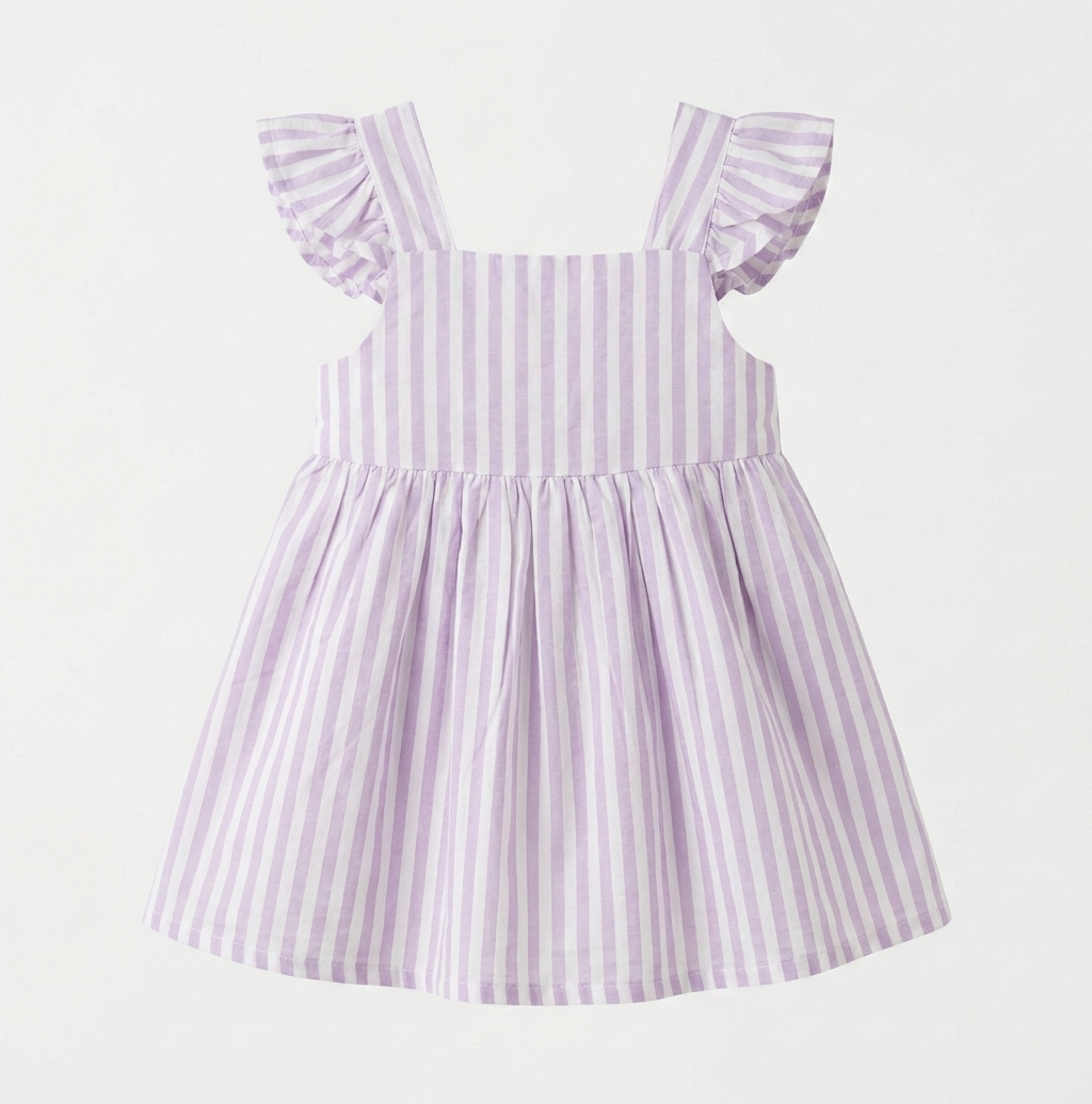 Girls’ Premium Lilac Ticking-Stripe Linen Dress – Ruffled Flutter-Sleeve Sundress in Breathable Cotton Blend - Serromi
