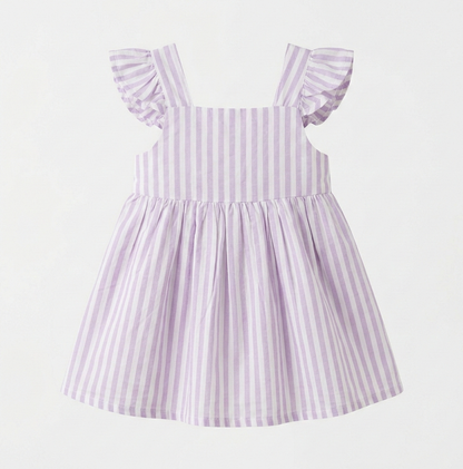 Girls’ Premium Lilac Ticking-Stripe Linen Dress – Ruffled Flutter-Sleeve Sundress in Breathable Cotton Blend - Serromi