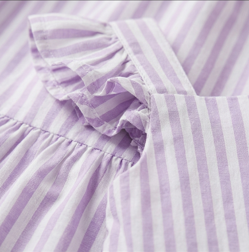 Girls’ Premium Lilac Ticking-Stripe Linen Dress – Ruffled Flutter-Sleeve Sundress in Breathable Cotton Blend - Serromi