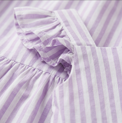 Girls’ Premium Lilac Ticking-Stripe Linen Dress – Ruffled Flutter-Sleeve Sundress in Breathable Cotton Blend - Serromi
