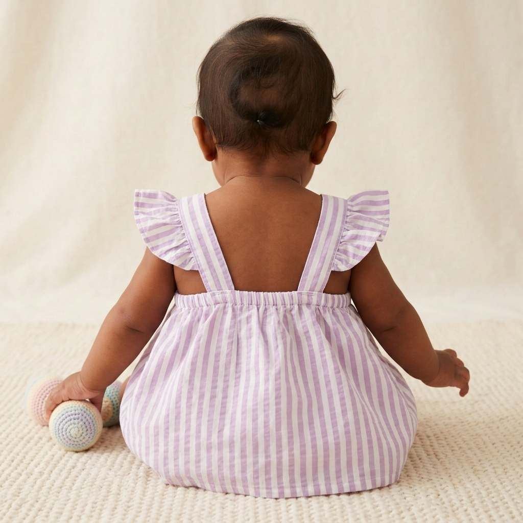 Girls’ Premium Lilac Ticking-Stripe Linen Dress – Ruffled Flutter-Sleeve Sundress in Breathable Cotton Blend - Serromi