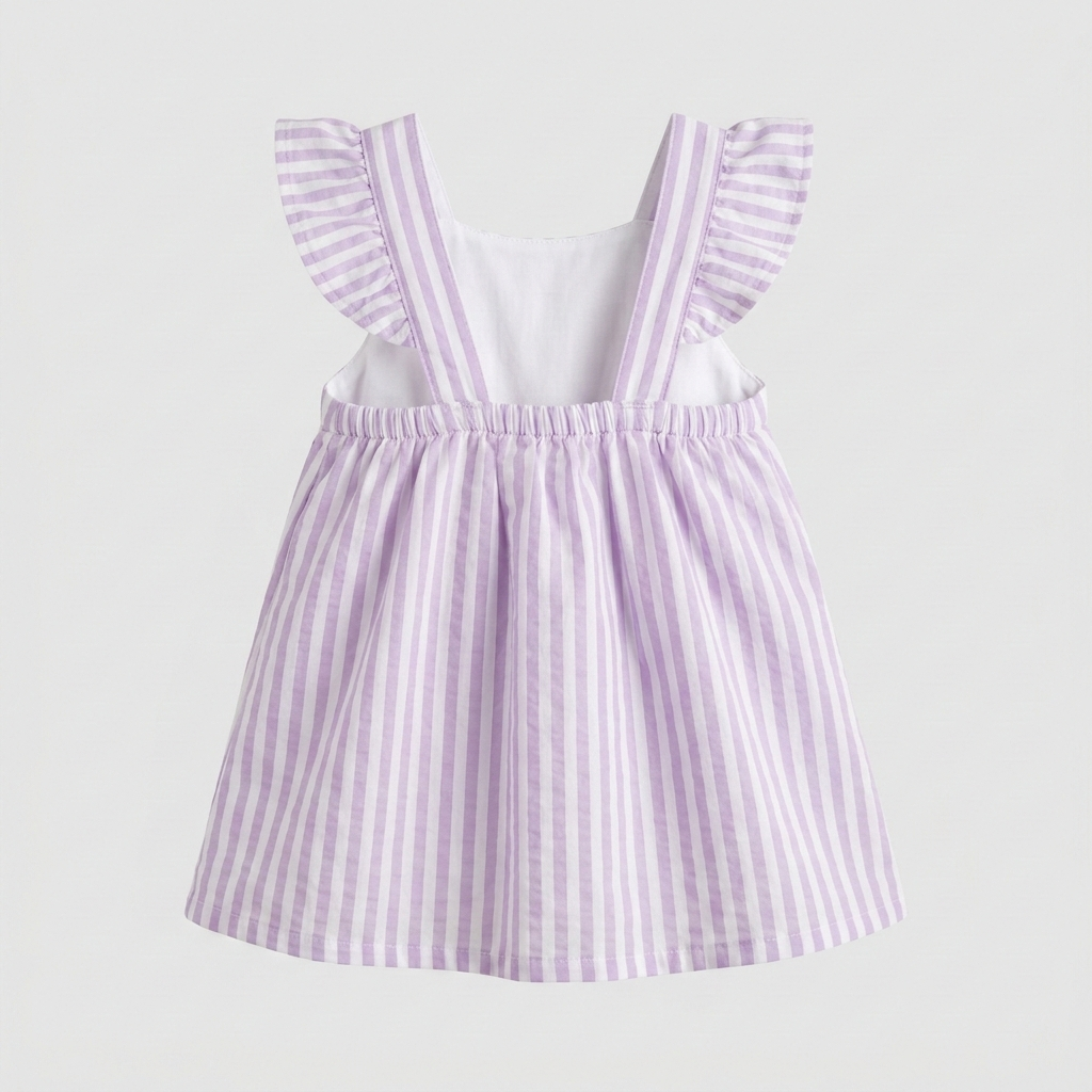Girls’ Premium Lilac Ticking-Stripe Linen Dress – Ruffled Flutter-Sleeve Sundress in Breathable Cotton Blend - Serromi