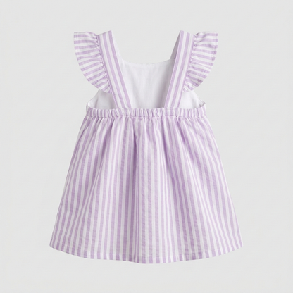Girls’ Premium Lilac Ticking-Stripe Linen Dress – Ruffled Flutter-Sleeve Sundress in Breathable Cotton Blend - Serromi