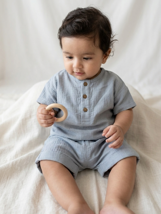 Gentle-Cloud Muslin Henley Set – Two-Piece Relaxed Linen-Blend Loungewear in Slate Blue - Serromi