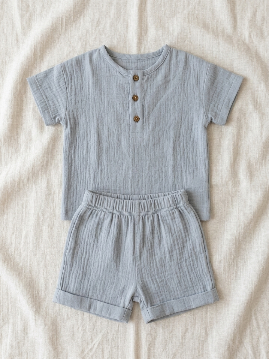 Gentle-Cloud Muslin Henley Set – Two-Piece Relaxed Linen-Blend Loungewear in Slate Blue - Serromi