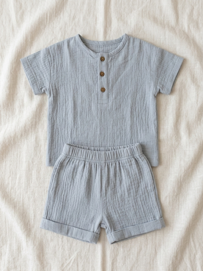 Gentle-Cloud Muslin Henley Set – Two-Piece Relaxed Linen-Blend Loungewear in Slate Blue - Serromi