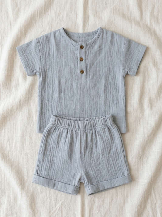 Gentle-Cloud Muslin Henley Set – Two-Piece Relaxed Linen-Blend Loungewear in Slate Blue - Serromi
