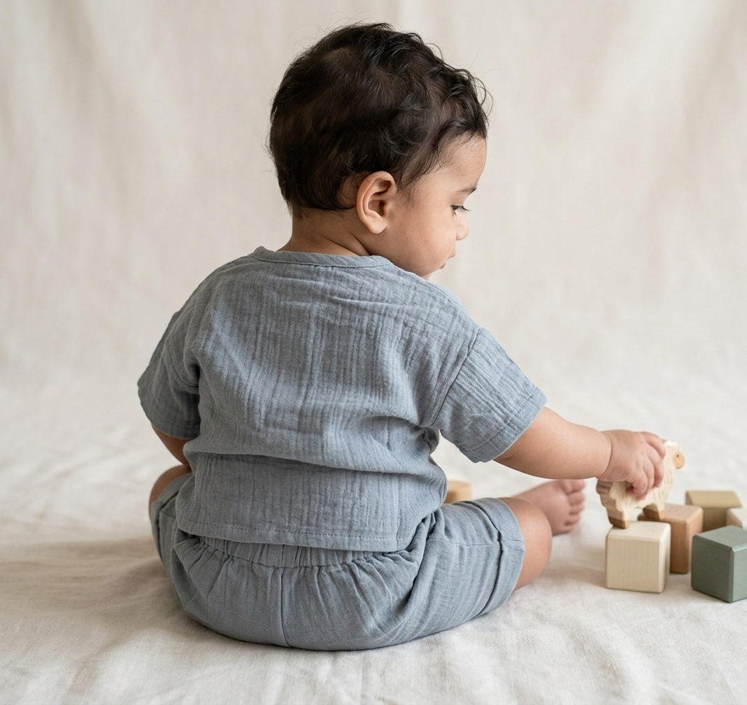 Gentle-Cloud Muslin Henley Set – Two-Piece Relaxed Linen-Blend Loungewear in Slate Blue - Serromi
