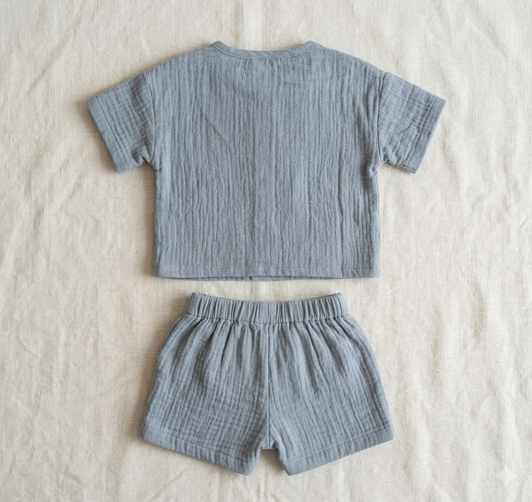 Gentle-Cloud Muslin Henley Set – Two-Piece Relaxed Linen-Blend Loungewear in Slate Blue - Serromi