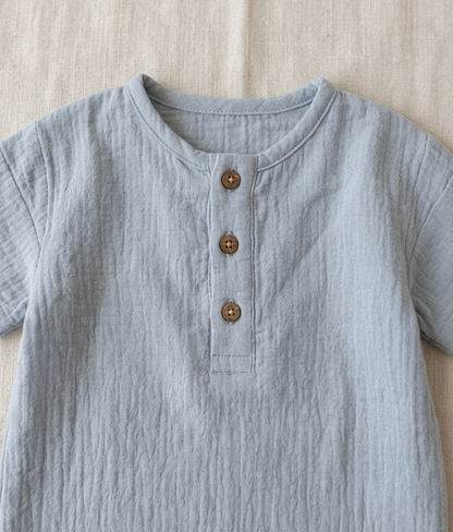 Gentle-Cloud Muslin Henley Set – Two-Piece Relaxed Linen-Blend Loungewear in Slate Blue