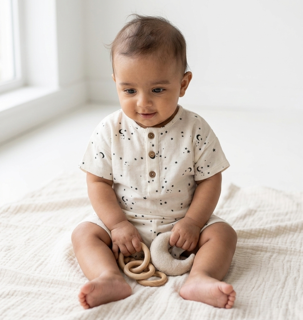 Celestial Interstellar Henley Set – Organic Milk-Cotton Printed Two-Piece for Modern Littles - Serromi