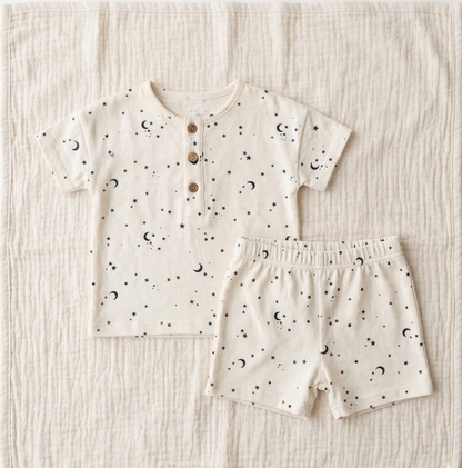 Celestial Interstellar Henley Set – Organic Milk-Cotton Printed Two-Piece for Modern Littles