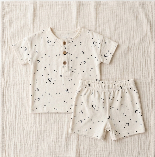 Celestial Interstellar Henley Set – Organic Milk-Cotton Printed Two-Piece for Modern Littles