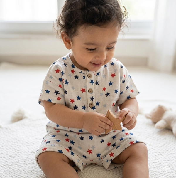 Newborn Boys' Midnight Star Linen Romper – Breathable Cotton-Linen Blend Play Set with Celestial Print - Serromi