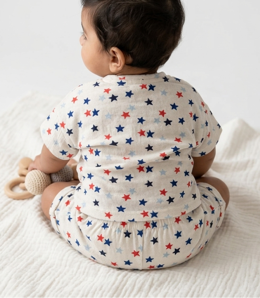 Newborn Boys' Midnight Star Linen Romper – Breathable Cotton-Linen Blend Play Set with Celestial Print - Serromi