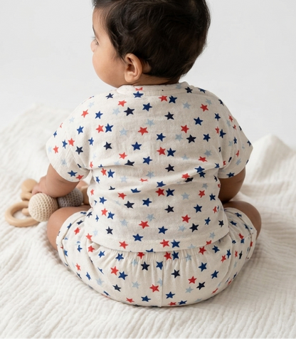 Newborn Boys' Midnight Star Linen Romper – Breathable Cotton-Linen Blend Play Set with Celestial Print - Serromi