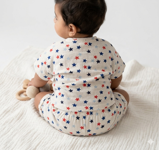 Newborn Boys' Midnight Star Linen Romper – Breathable Cotton-Linen Blend Play Set with Celestial Print - Serromi
