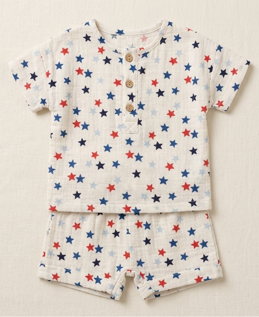 Newborn Boys' Midnight Star Linen Romper – Breathable Cotton-Linen Blend Play Set with Celestial Print - Serromi