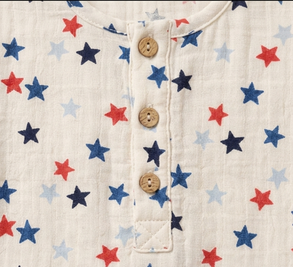 Newborn Boys' Midnight Star Linen Romper – Breathable Cotton-Linen Blend Play Set with Celestial Print - Serromi