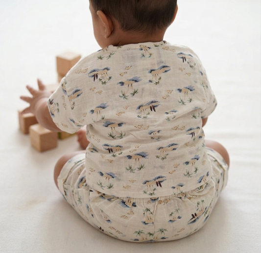 Newborn Boys' Coastal Oasis Linen-Blend Romper – Illustrative Palm Print Summer Set in Sandstone - Serromi
