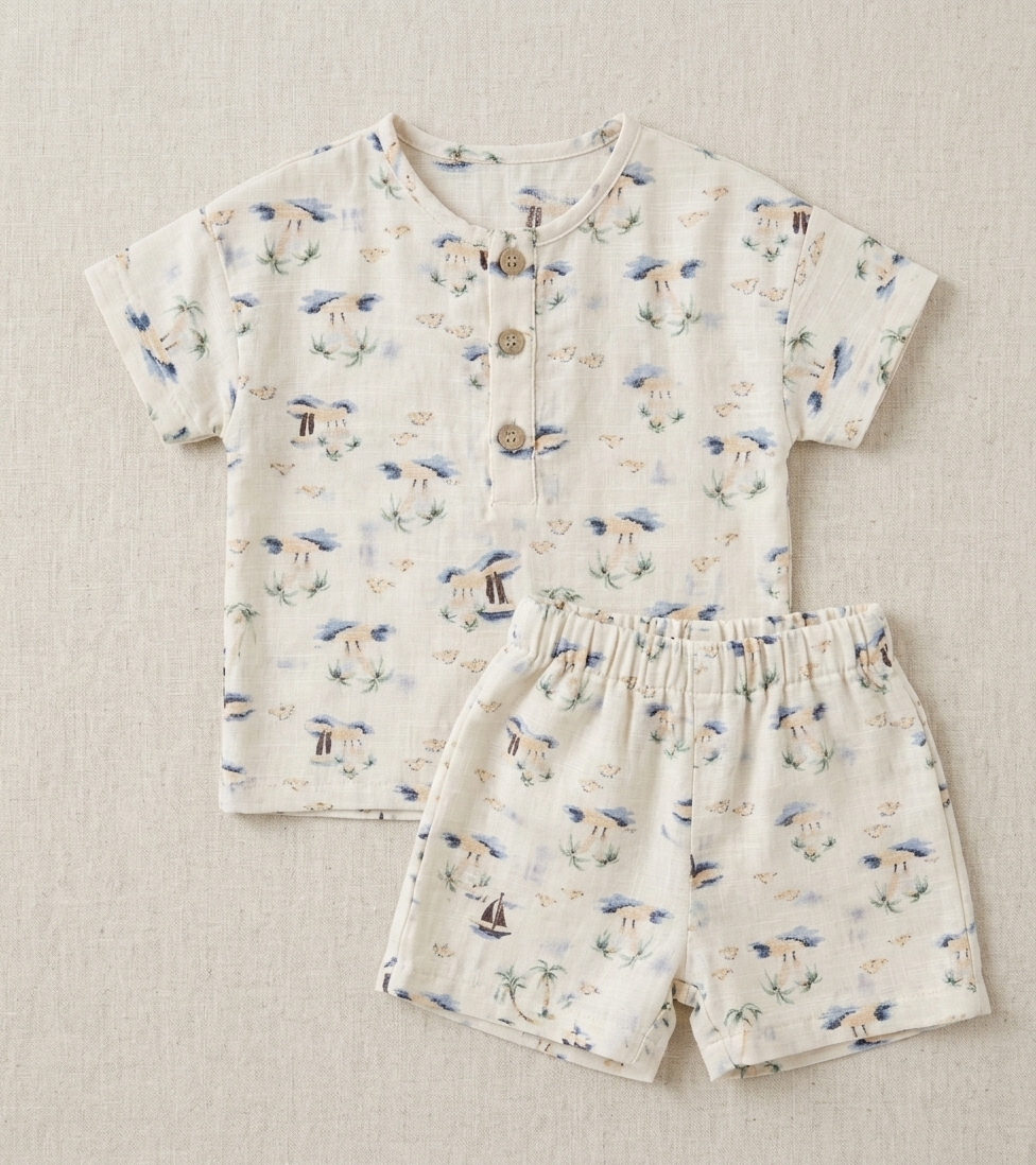 Newborn Boys' Coastal Oasis Linen-Blend Romper – Illustrative Palm Print Summer Set in Sandstone - Serromi