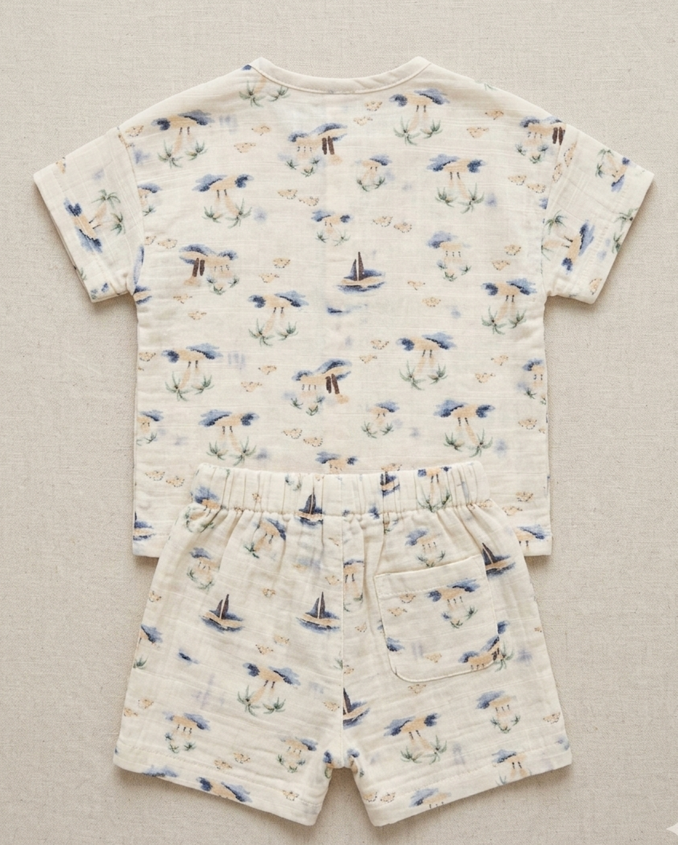Newborn Boys' Coastal Oasis Linen-Blend Romper – Illustrative Palm Print Summer Set in Sandstone