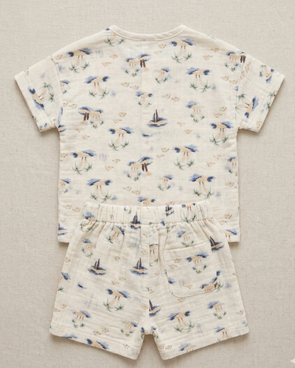 Newborn Boys' Coastal Oasis Linen-Blend Romper – Illustrative Palm Print Summer Set in Sandstone