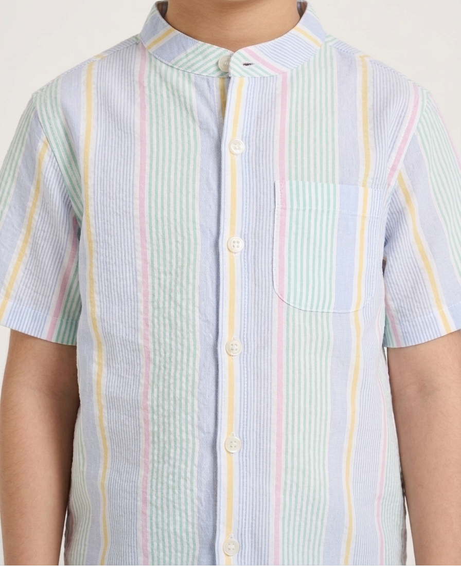 Boys' Pastel Candy-Striped Mandarin Shirt – Premium Seersucker Short-Sleeve Button-Down in Multi-Tone Sorbet - Serromi
