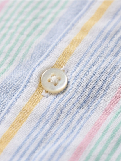 Boys' Pastel Candy-Striped Mandarin Shirt – Premium Seersucker Short-Sleeve Button-Down in Multi-Tone Sorbet - Serromi