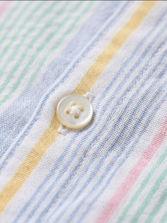 Boys' Pastel Candy-Striped Mandarin Shirt – Premium Seersucker Short-Sleeve Button-Down in Multi-Tone Sorbet - Serromi