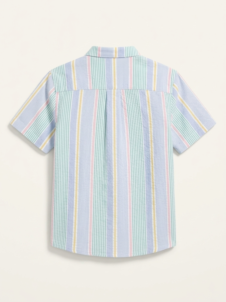 Boys' Pastel Candy-Striped Mandarin Shirt – Premium Seersucker Short-Sleeve Button-Down in Multi-Tone Sorbet - Serromi