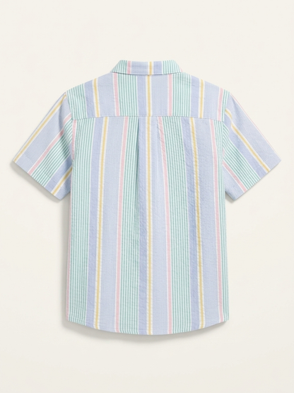 Boys' Pastel Candy-Striped Mandarin Shirt – Premium Seersucker Short-Sleeve Button-Down in Multi-Tone Sorbet - Serromi