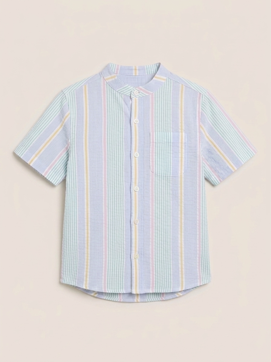 Boys' Pastel Candy-Striped Mandarin Shirt – Premium Seersucker Short-Sleeve Button-Down in Multi-Tone Sorbet - Serromi