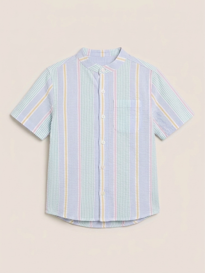 Boys' Pastel Candy-Striped Mandarin Shirt – Premium Seersucker Short-Sleeve Button-Down in Multi-Tone Sorbet - Serromi