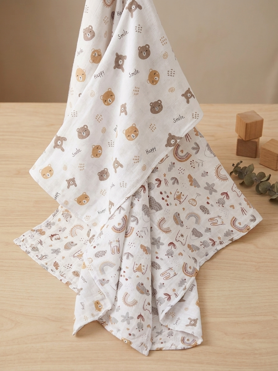 Artisan Muslin Swaddle Duo – Earth-Toned Bear &amp; Celestial Rainbow Print in Organic Cotton - Serromi