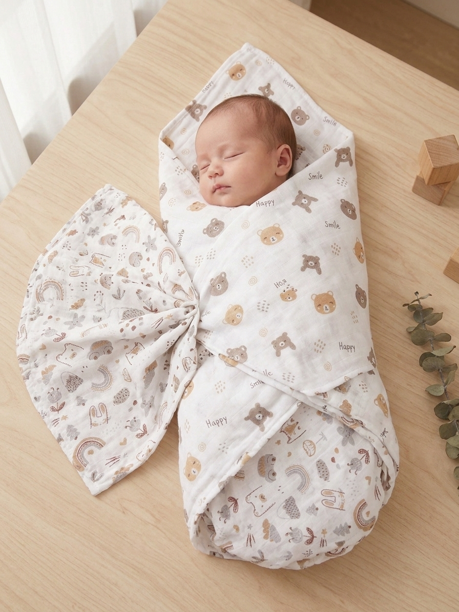 Artisan Muslin Swaddle Duo – Earth-Toned Bear &amp; Celestial Rainbow Print in Organic Cotton - Serromi
