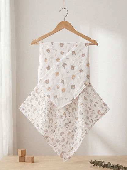 Artisan Muslin Swaddle Duo – Earth-Toned Bear &amp; Celestial Rainbow Print in Organic Cotton - Serromi