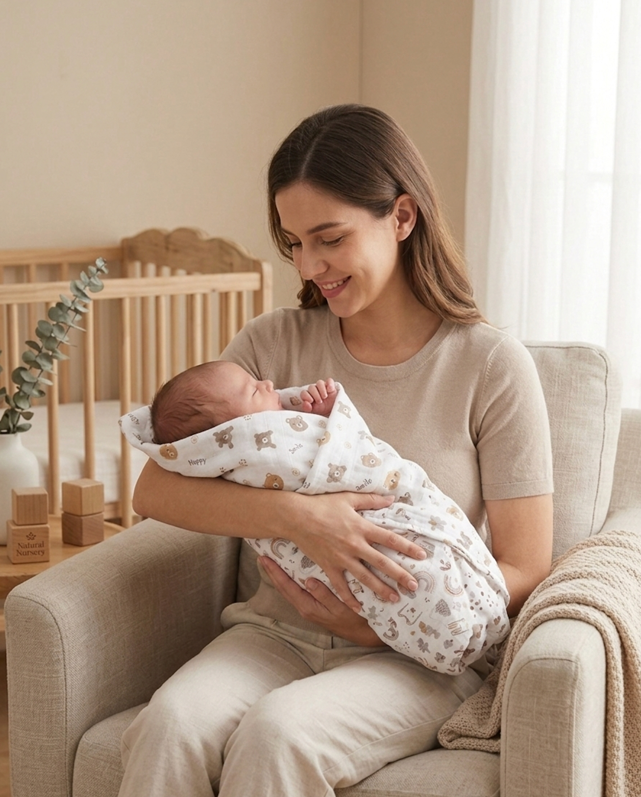 Artisan Muslin Swaddle Duo – Earth-Toned Bear &amp; Celestial Rainbow Print in Organic Cotton