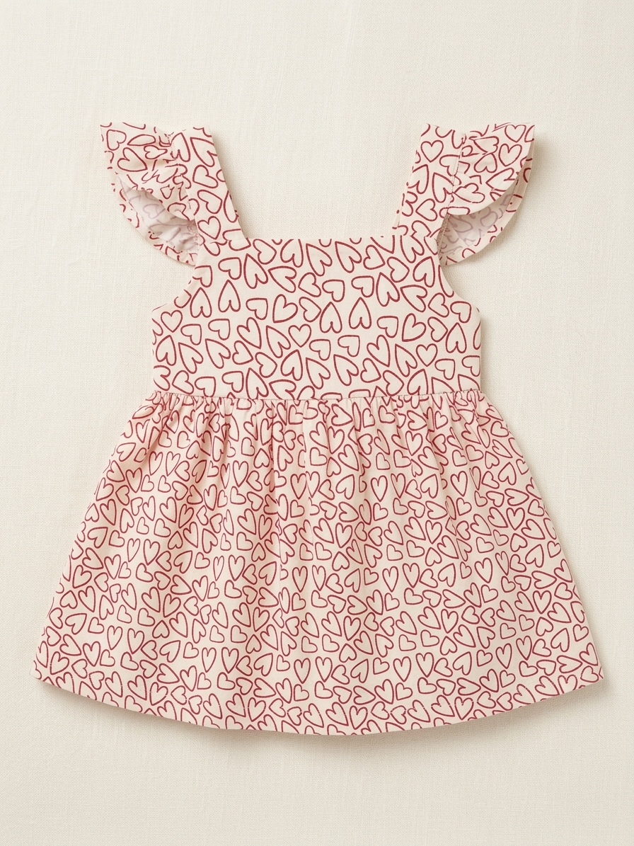 Infant Girls' Crimson Heart-Sketch Flutter Dress – Premium Cotton A-Line for First Memories - Serromi