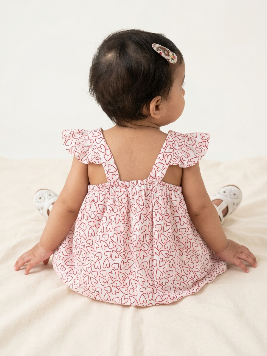 Infant Girls' Crimson Heart-Sketch Flutter Dress – Premium Cotton A-Line for First Memories - Serromi