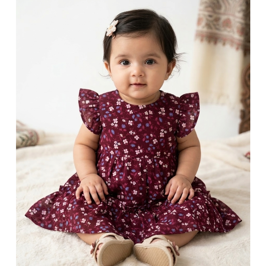 Girls' Luxe Mulberry Botanical Tiered Dress – Flutter-Sleeve Floral Occasion Wear in Airy Georgette