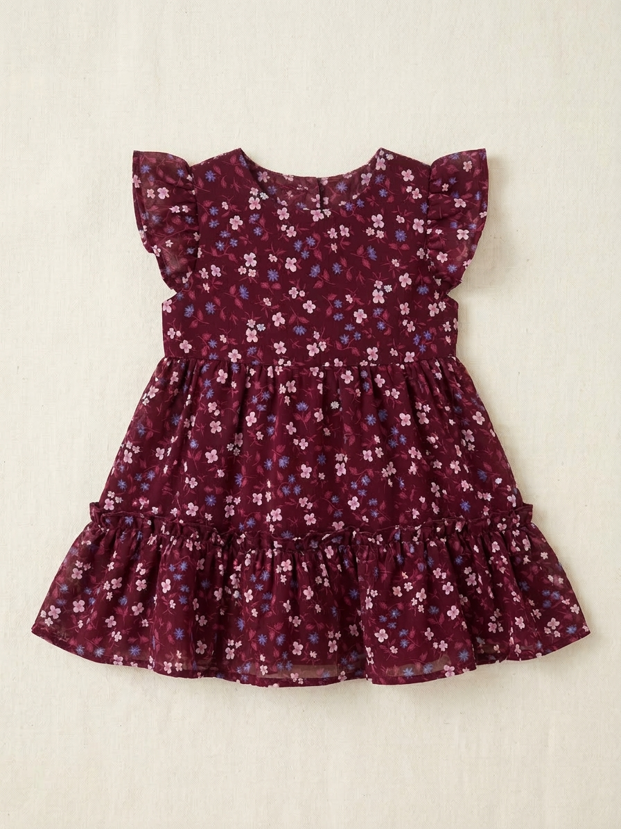 Girls' Luxe Mulberry Botanical Tiered Dress – Flutter-Sleeve Floral Occasion Wear in Airy Georgette - Serromi