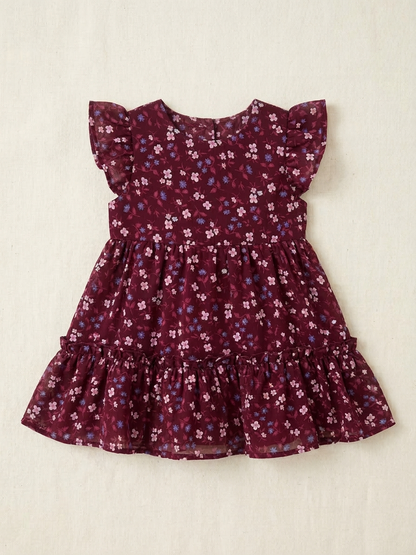 Girls' Luxe Mulberry Botanical Tiered Dress – Flutter-Sleeve Floral Occasion Wear in Airy Georgette - Serromi